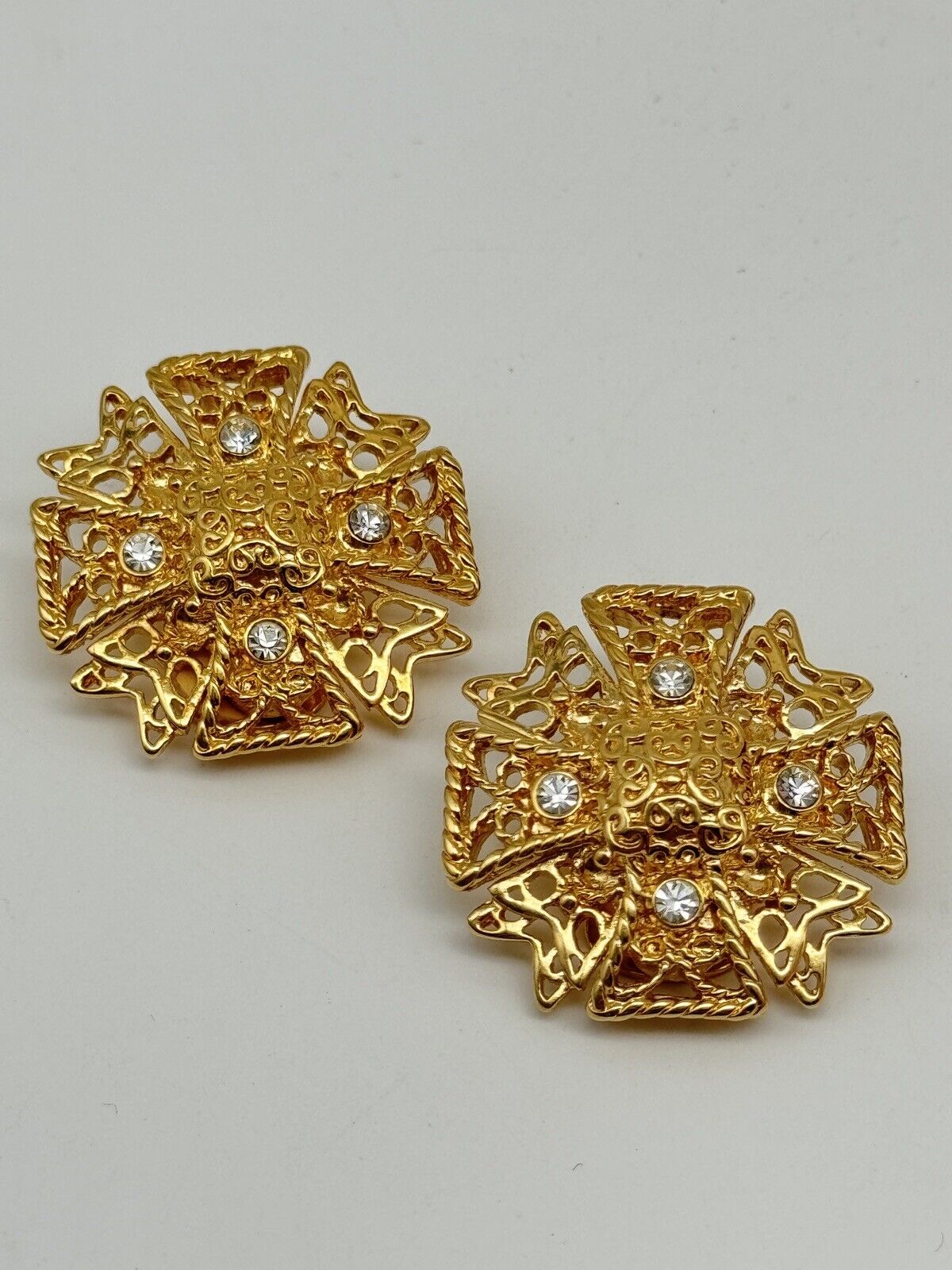 Vintage Signed KJL Kenneth Jay Lane Rhinestone Maltese Cross Earrings + Case