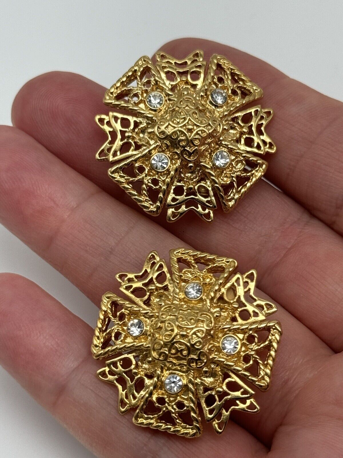 Vintage Signed KJL Kenneth Jay Lane Rhinestone Maltese Cross Earrings + Case