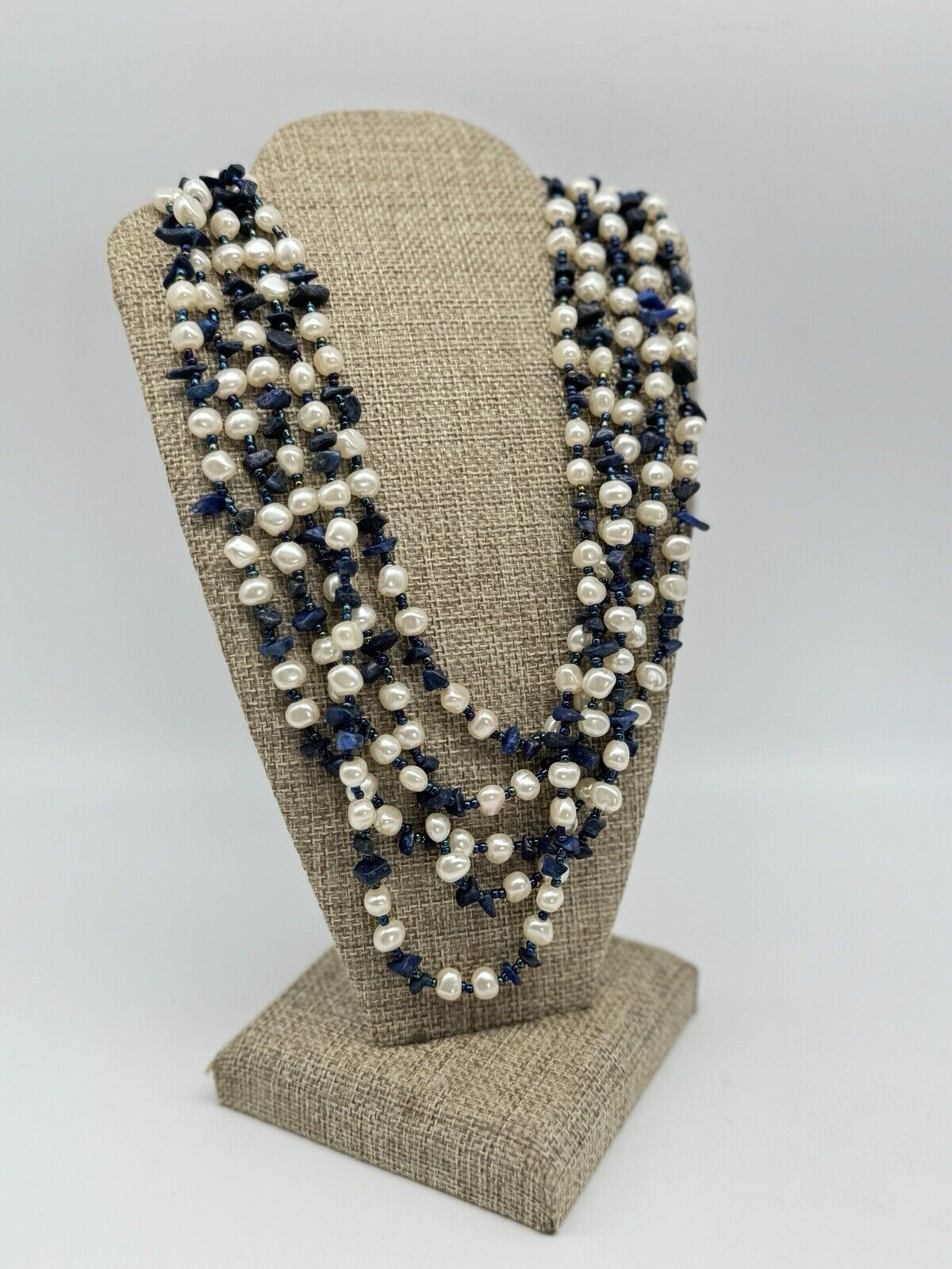 5 Strand Blue Beads & Faux Pearl Necklace 21.5”l