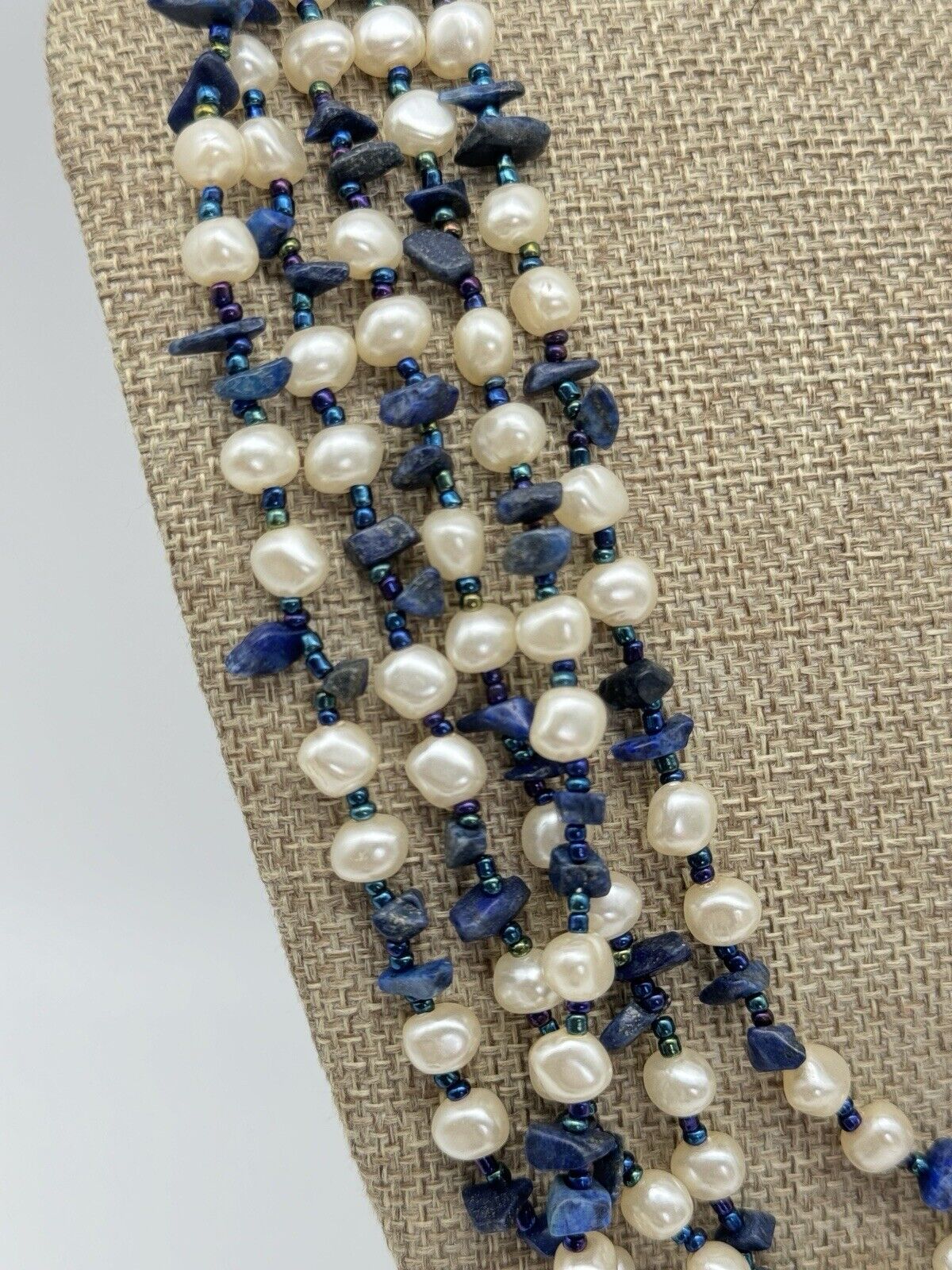 5 Strand Blue Beads & Faux Pearl Necklace 21.5”l