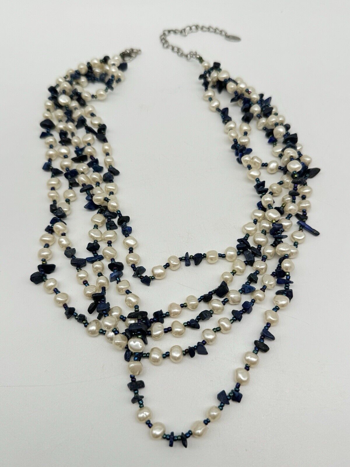 5 Strand Blue Beads & Faux Pearl Necklace 21.5”l