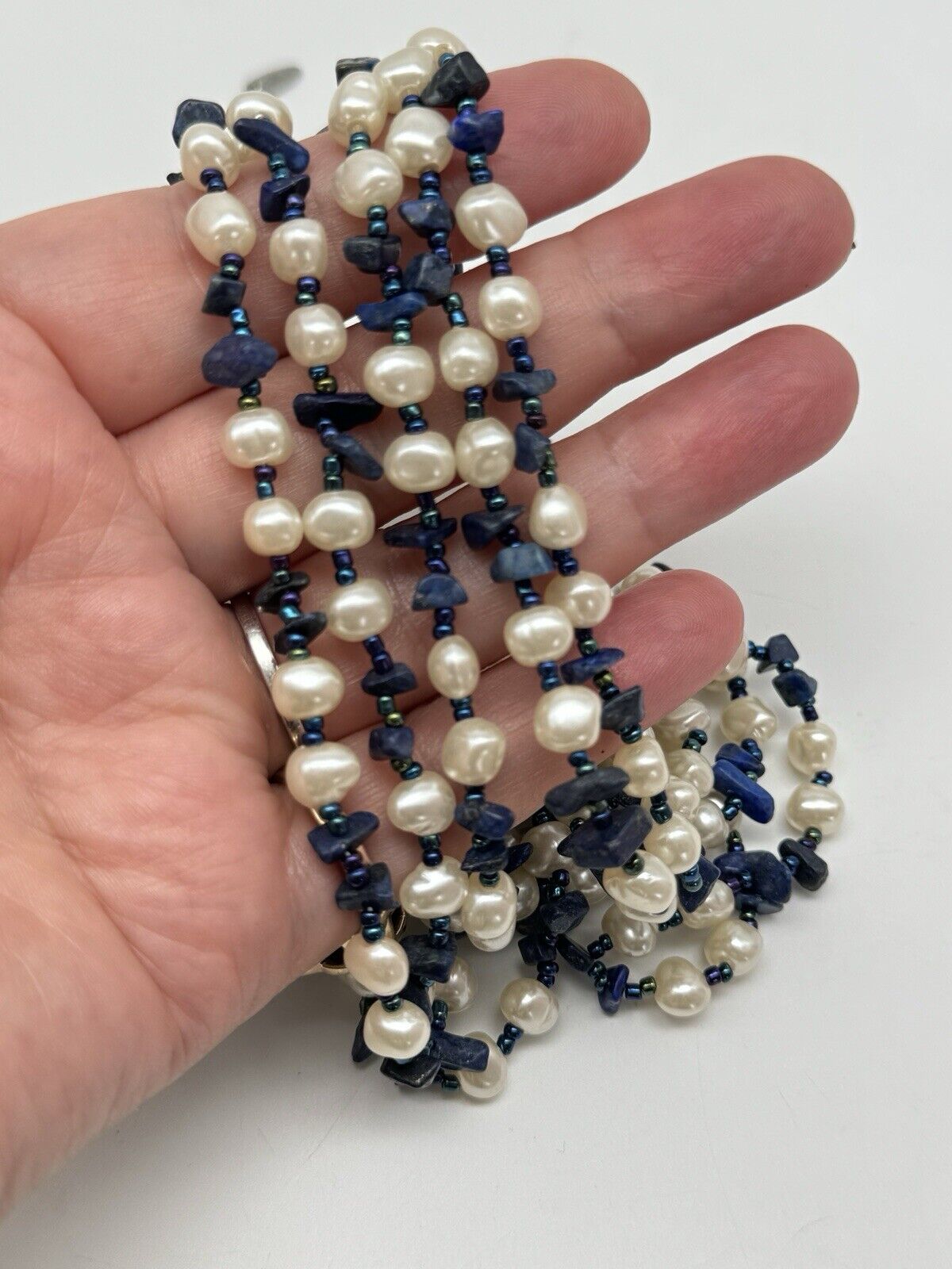 5 Strand Blue Beads & Faux Pearl Necklace 21.5”l