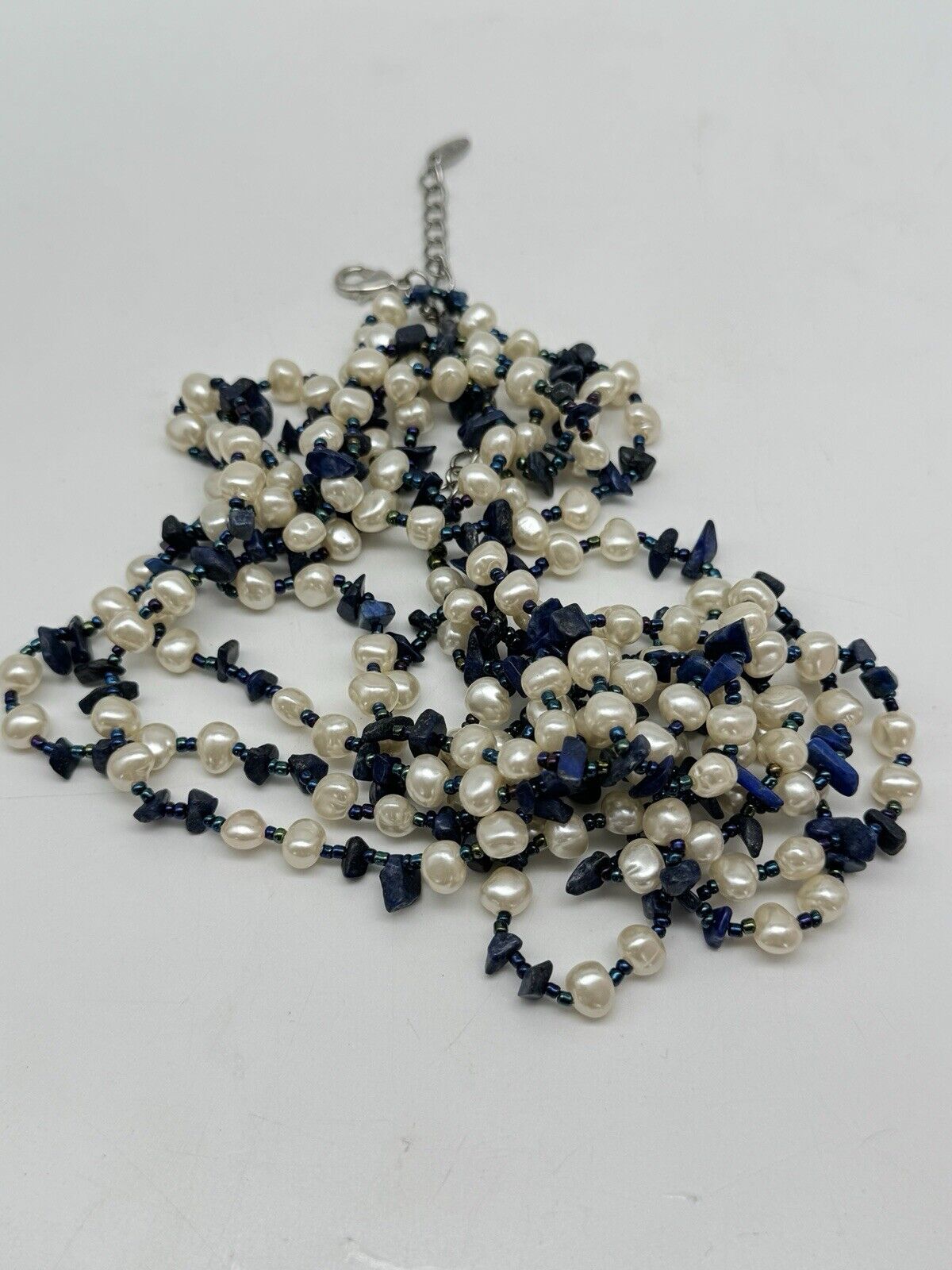 5 Strand Blue Beads & Faux Pearl Necklace 21.5”l