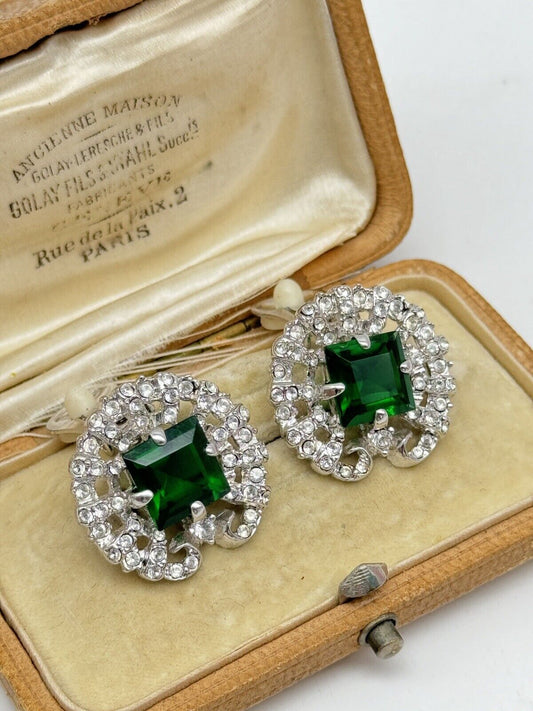 Vintage Green Rhinestone Silvertone Earrings