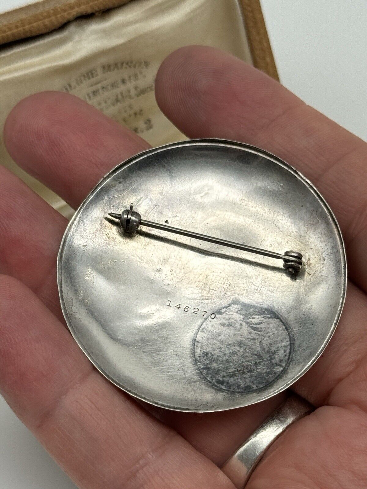 Antique Tested Coin Silver Old Watch Back Engraved NAUTICAL  Brooch Pin