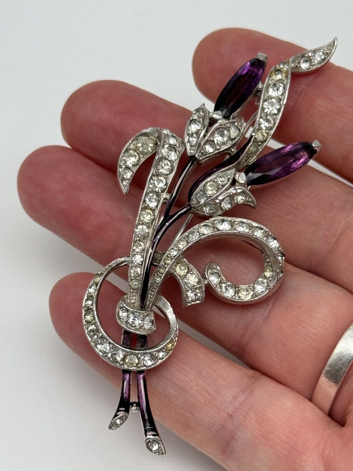 1941 Alfred Spaney Trifari “TKF” Flower Spray Brooch Purple Clear Pat Pend