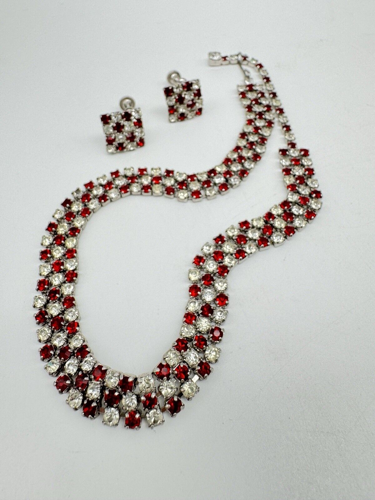 Vintage Checkered Red & Clear Rhinestone Choker + Earring Set