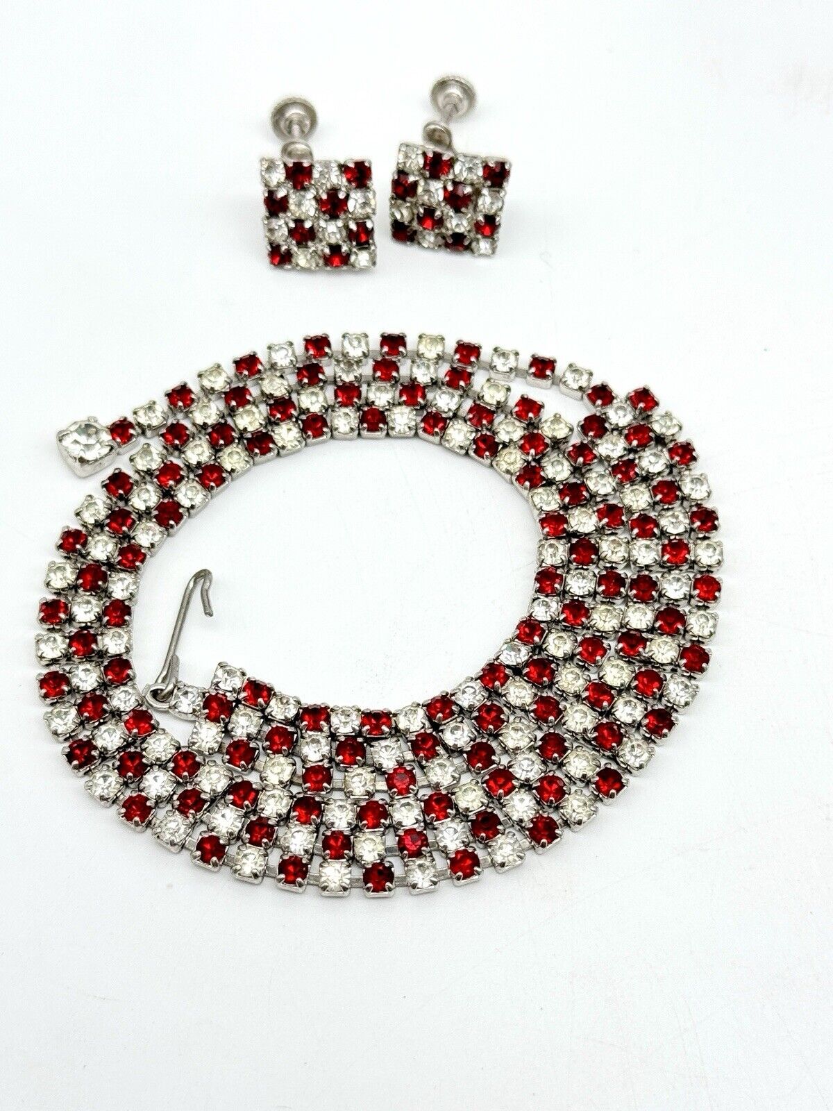 Vintage Checkered Red & Clear Rhinestone Choker + Earring Set