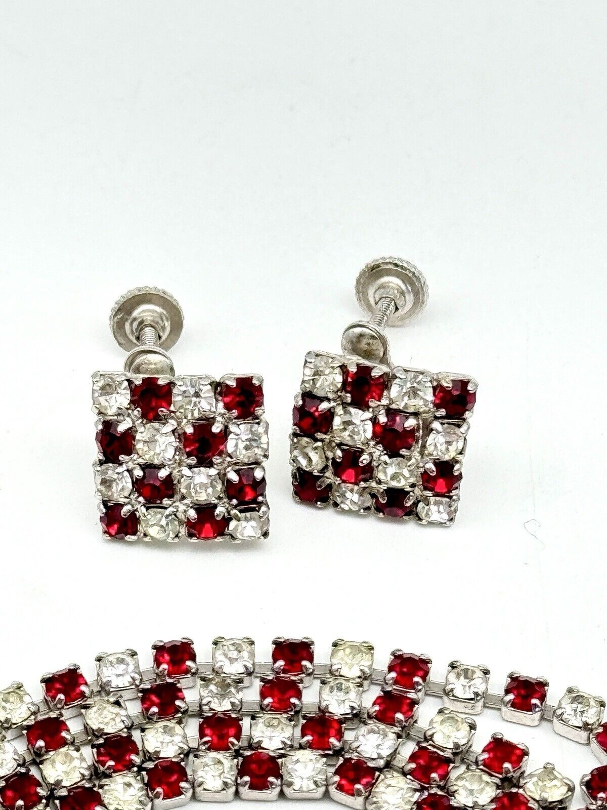 Vintage Checkered Red & Clear Rhinestone Choker + Earring Set