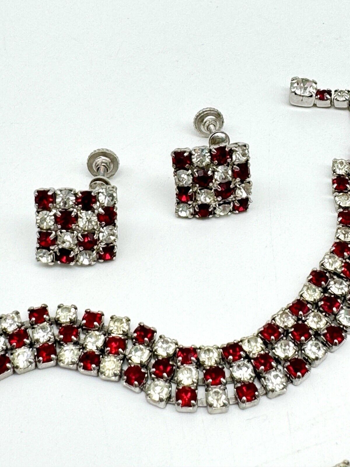 Vintage Checkered Red & Clear Rhinestone Choker + Earring Set