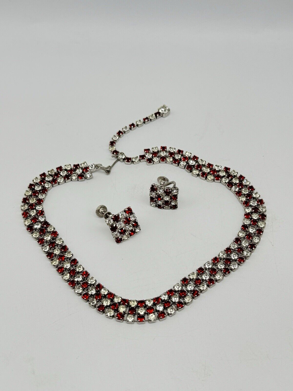 Vintage Checkered Red & Clear Rhinestone Choker + Earring Set