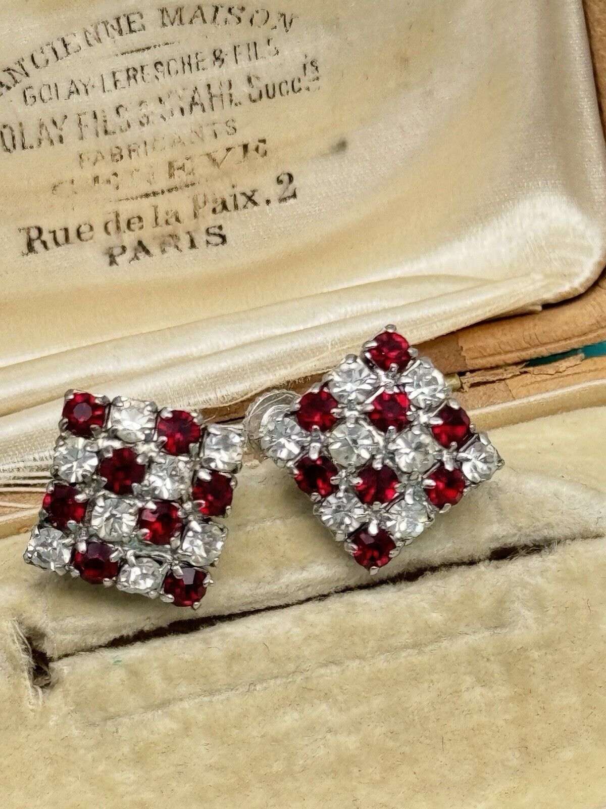 Vintage Checkered Red & Clear Rhinestone Choker + Earring Set