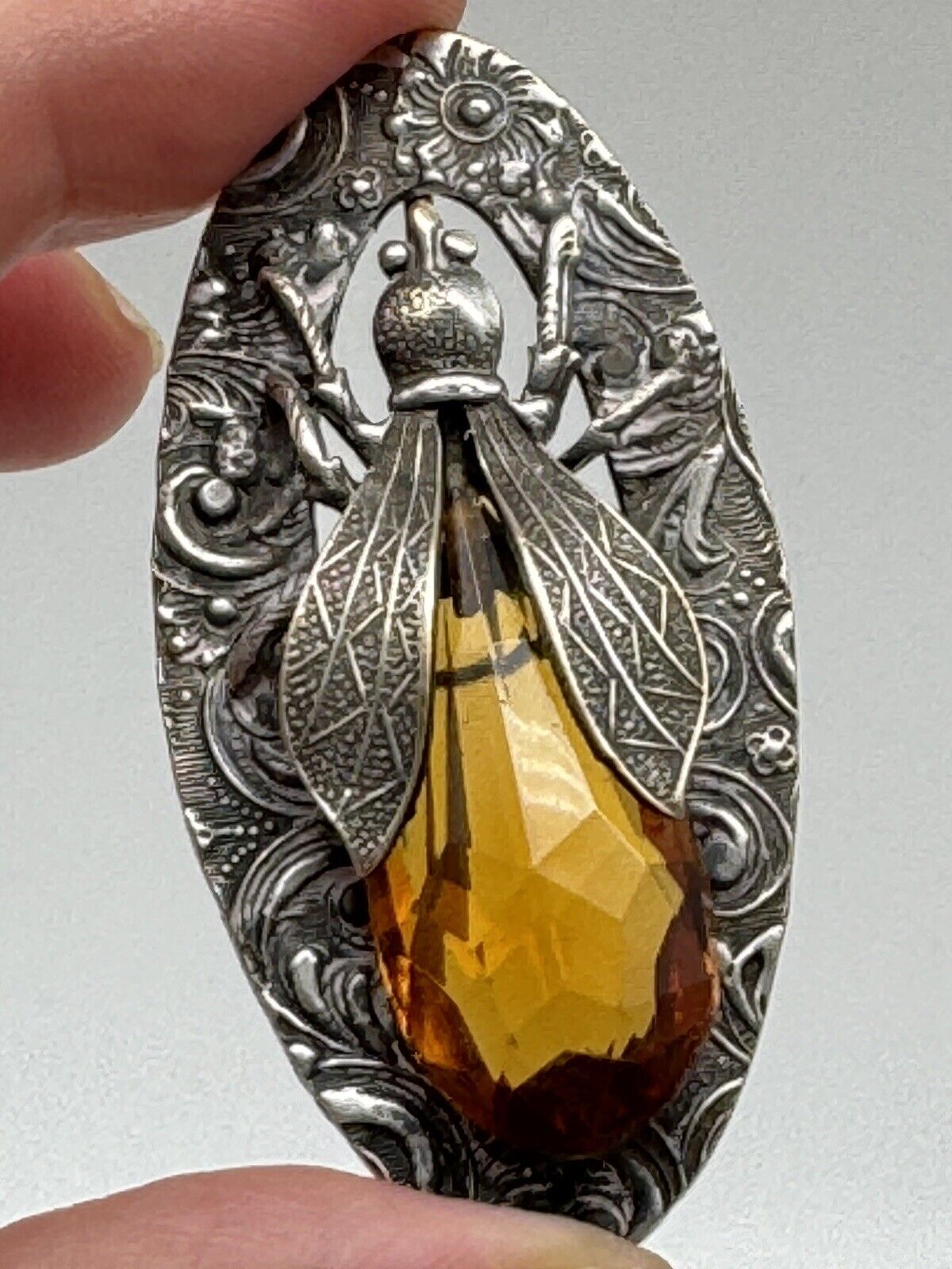 Antique Edwardian Bee Insect Brooch Amber Color Glass Silvertone