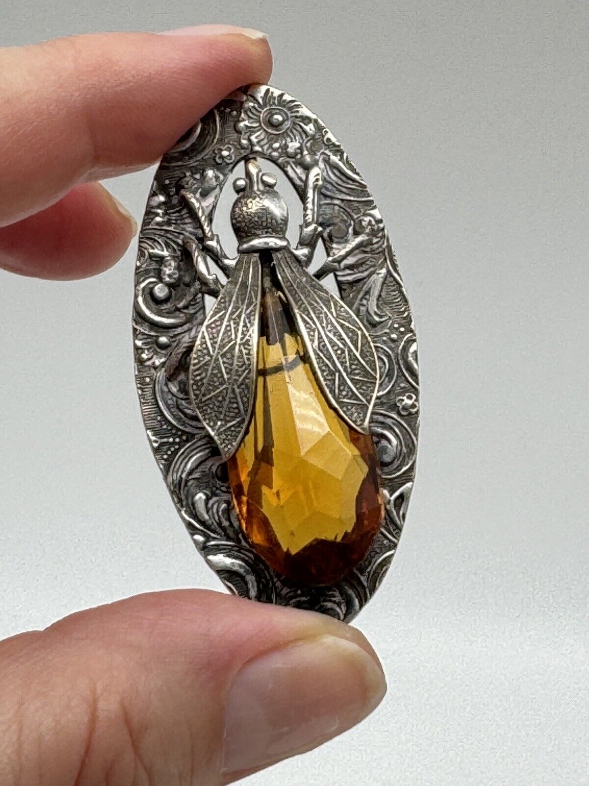 Antique Edwardian Bee Insect Brooch Amber Color Glass Silvertone