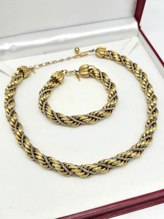 Vintage CROWN TRIFARI Gold/Silvertone Necklace Bracelet Set Metal Trifari T-Tag