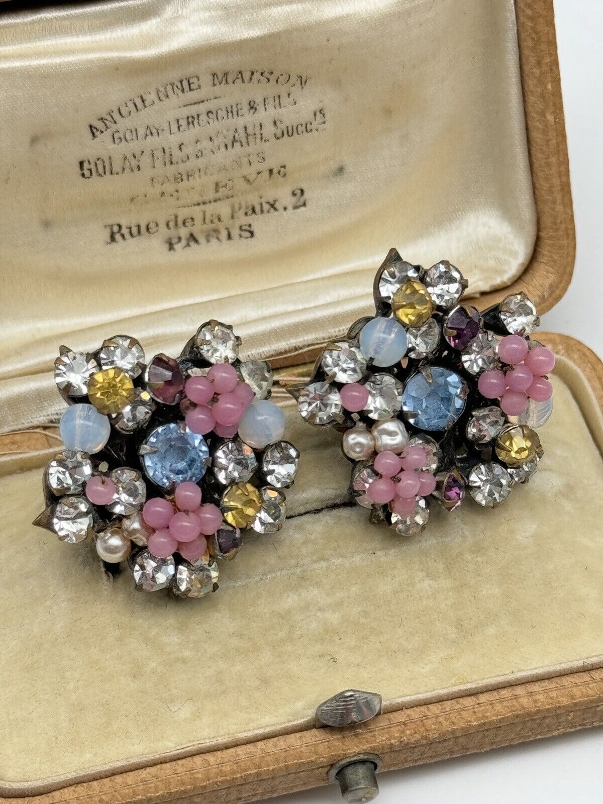 Vintage SIGNED MIRIAM HASKELL Pastel Flower Earrings Beads & Rhinestones