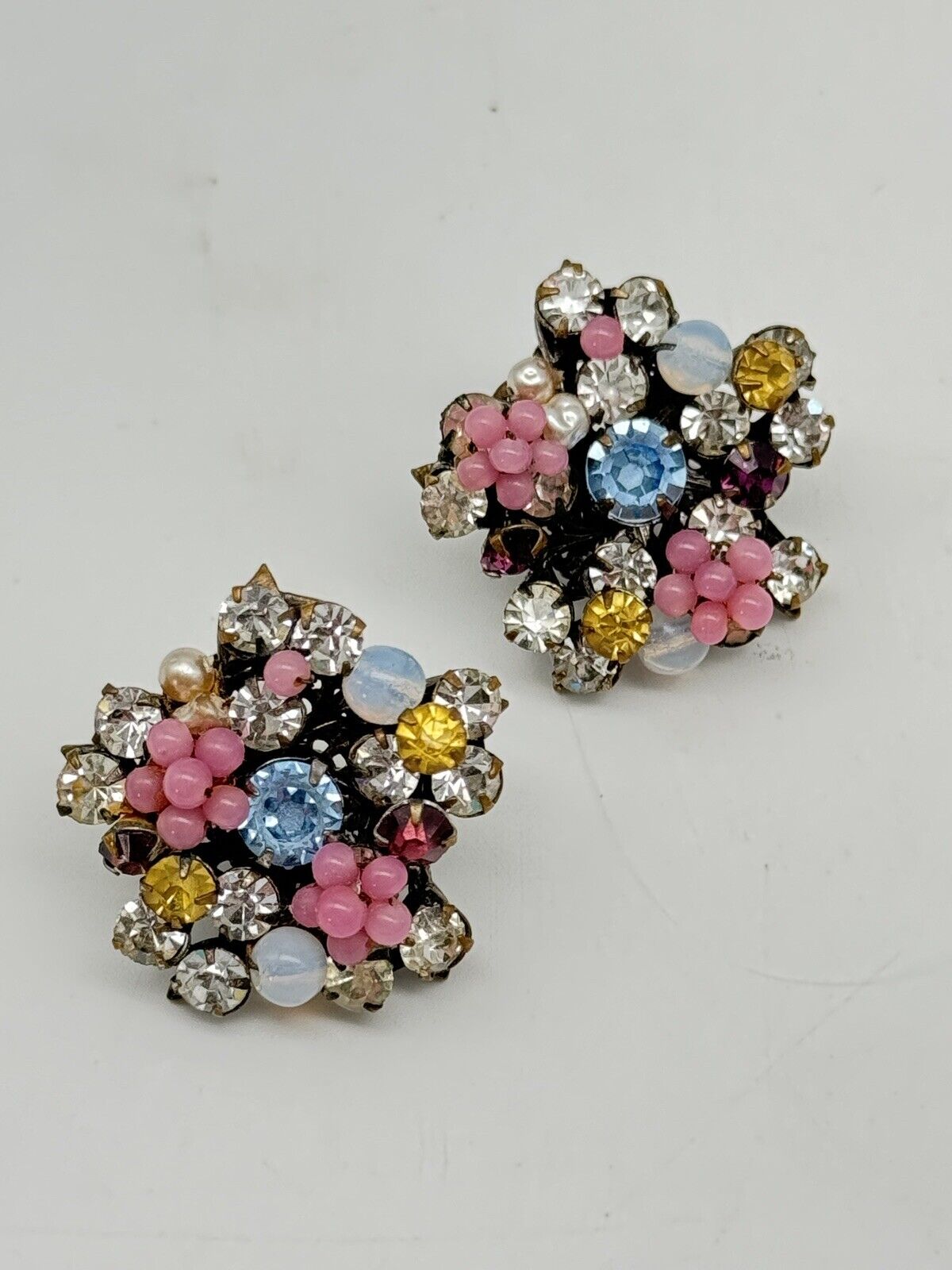 Vintage SIGNED MIRIAM HASKELL Pastel Flower Earrings Beads & Rhinestones