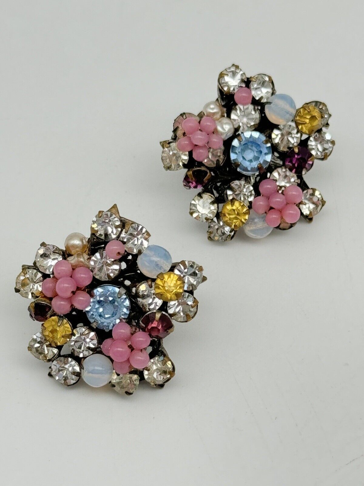 Vintage SIGNED MIRIAM HASKELL Pastel Flower Earrings Beads & Rhinestones