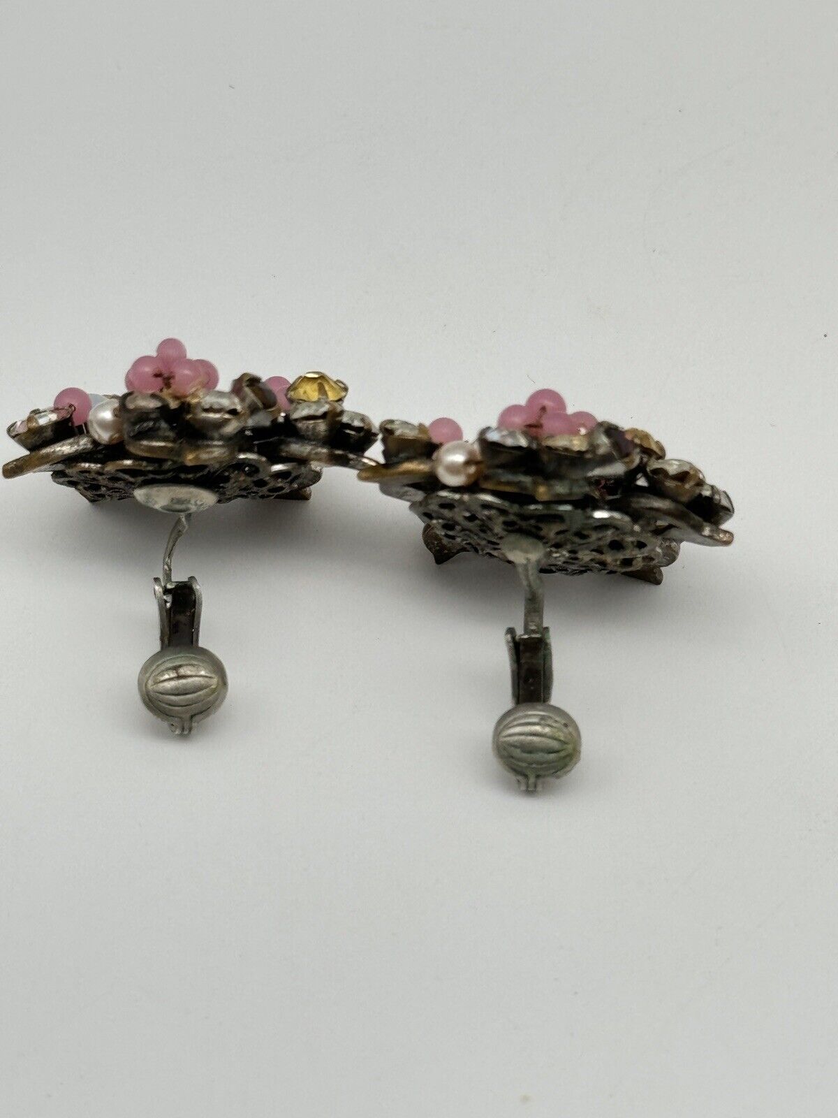 Vintage SIGNED MIRIAM HASKELL Pastel Flower Earrings Beads & Rhinestones