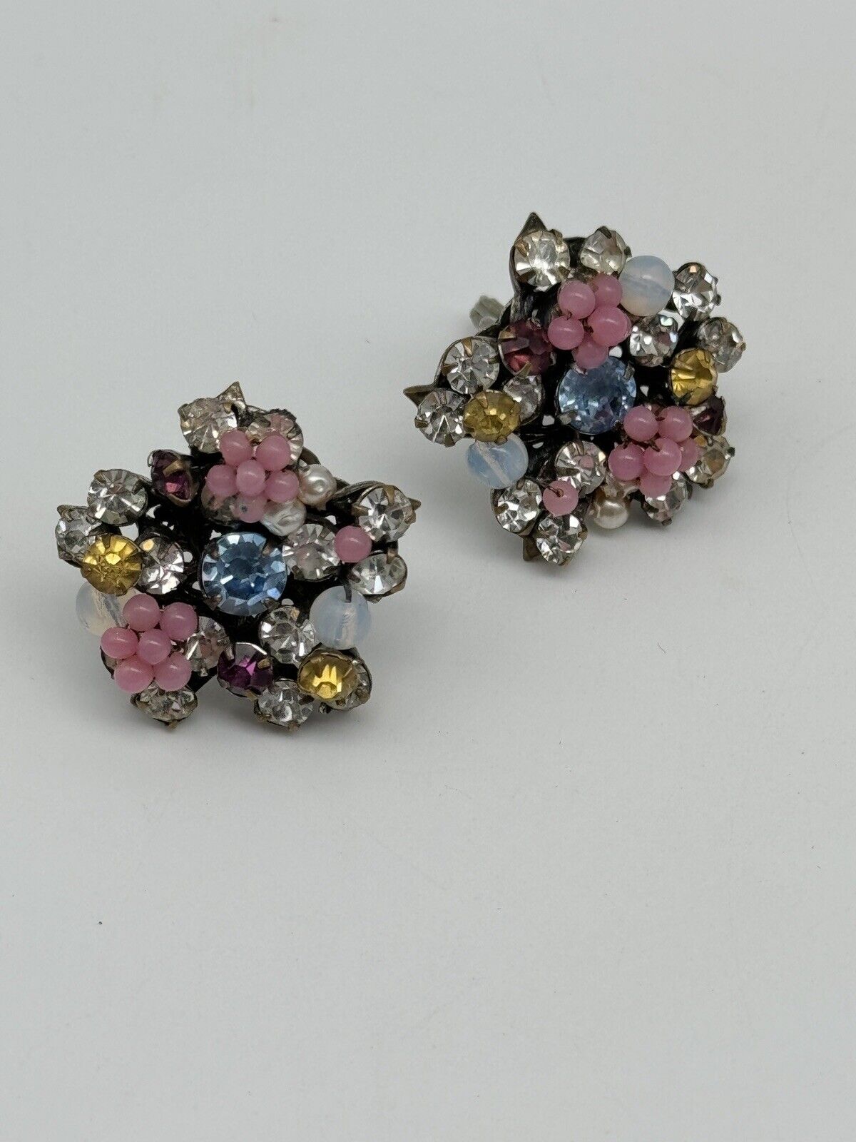 Vintage SIGNED MIRIAM HASKELL Pastel Flower Earrings Beads & Rhinestones