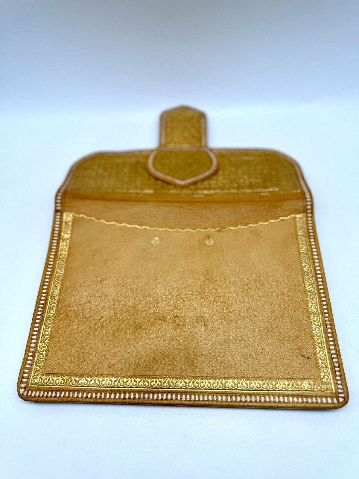 Vintage 70s Calf Leather Tooled Embossed Gold  Envelope Clutch Wallet Bag