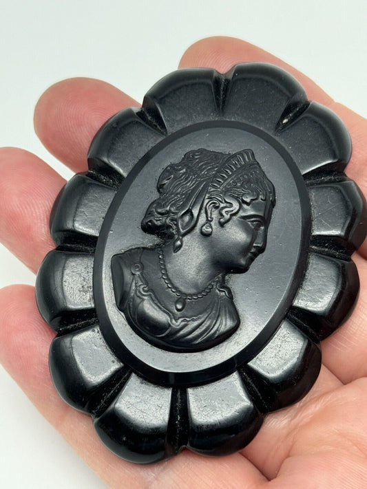 Vintage 1930’s LARGE Black Celluloid Cameo Brooch