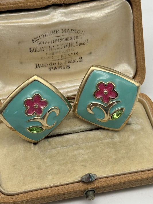 Vintage Enamel Goldtone Flower Design Earrings SIGNED ROLAND