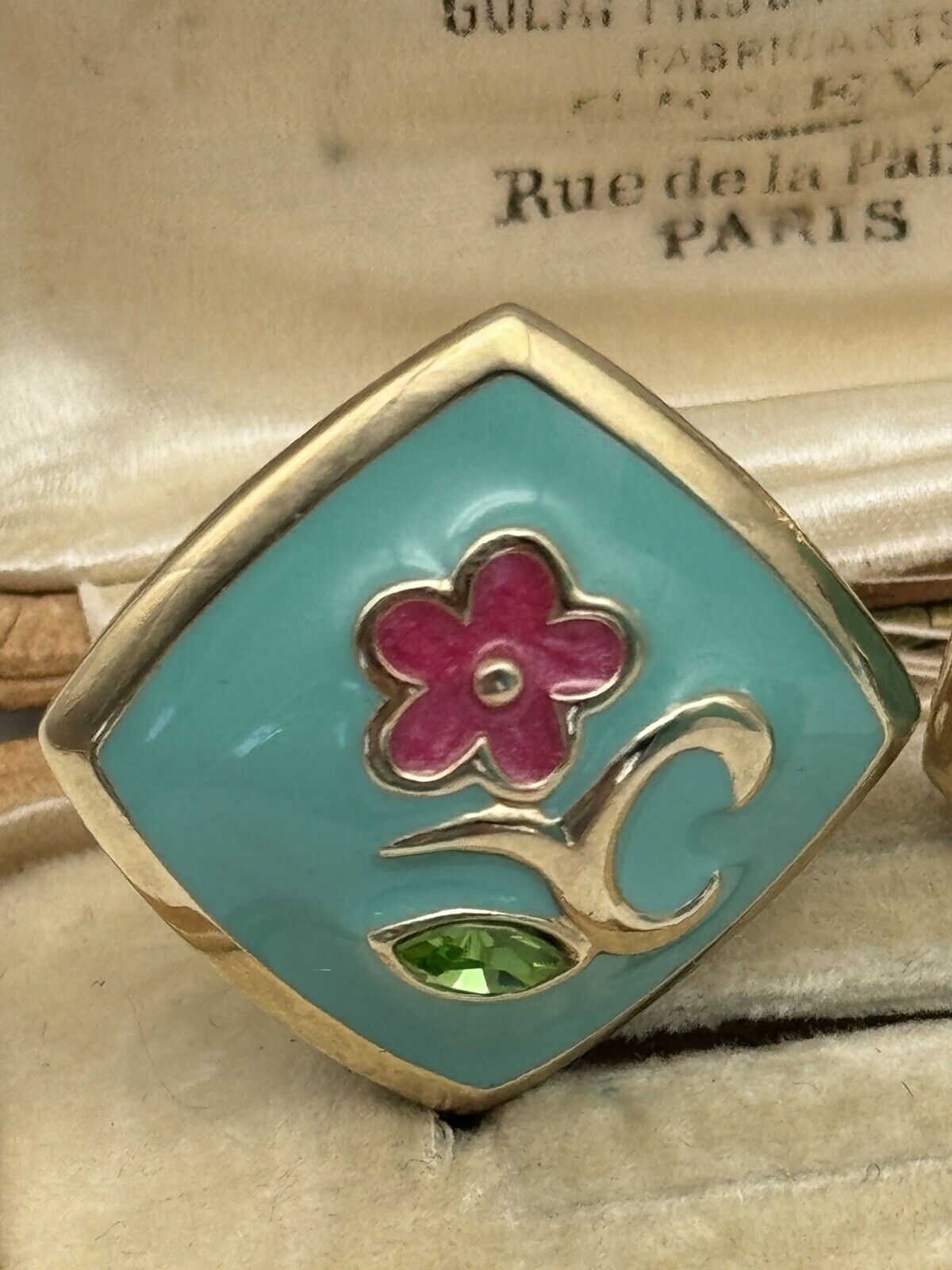 Vintage Enamel Goldtone Flower Design Earrings SIGNED ROLAND