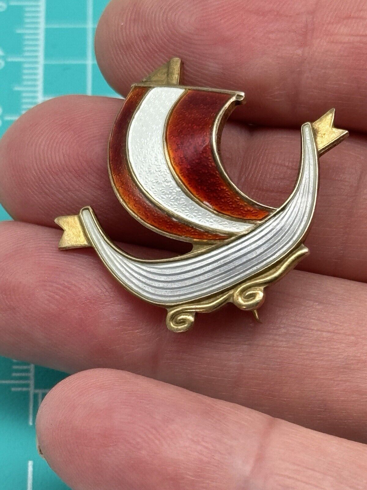 Vintage AKSEL HOLMSEN Silver 925S Guilloche Enamel Viking Ship Brooch RED White