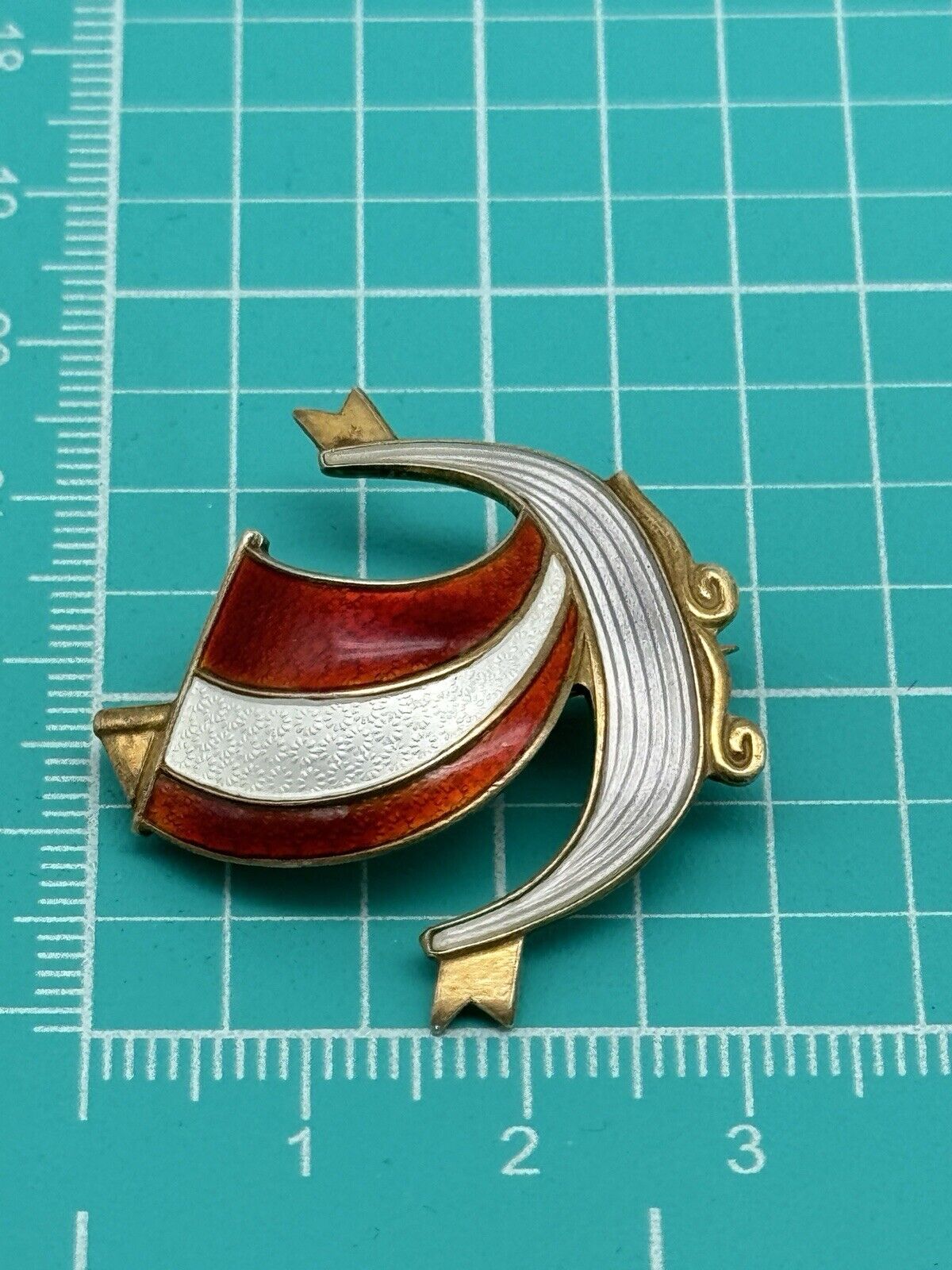 Vintage AKSEL HOLMSEN Silver 925S Guilloche Enamel Viking Ship Brooch RED White