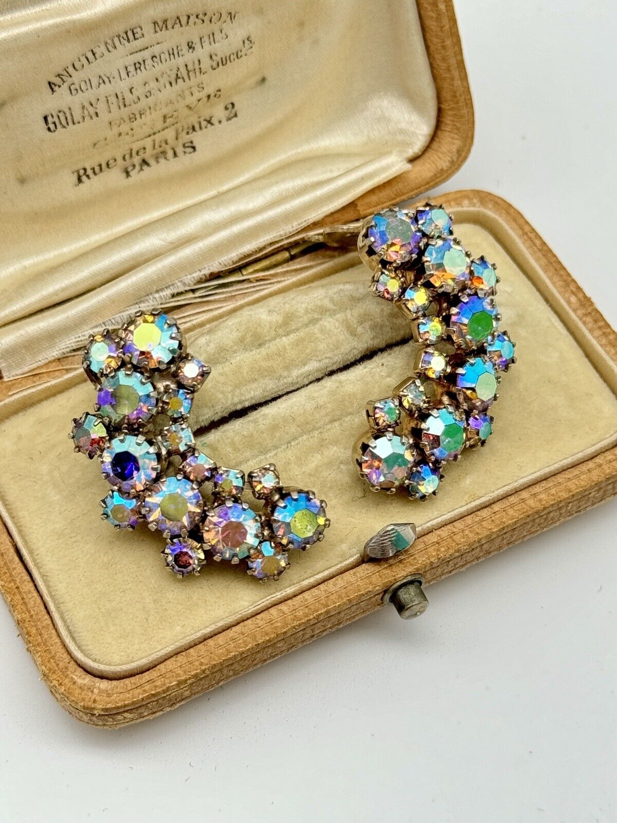 Verified JULIANE D&E  Earrings Blue Crescent AB RHINESTONE Ref #1250