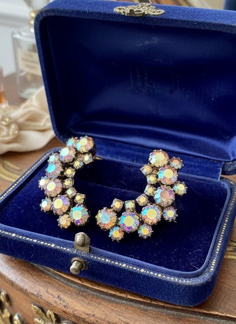 Verified JULIANE D&E  Earrings Blue Crescent AB RHINESTONE Ref #1250