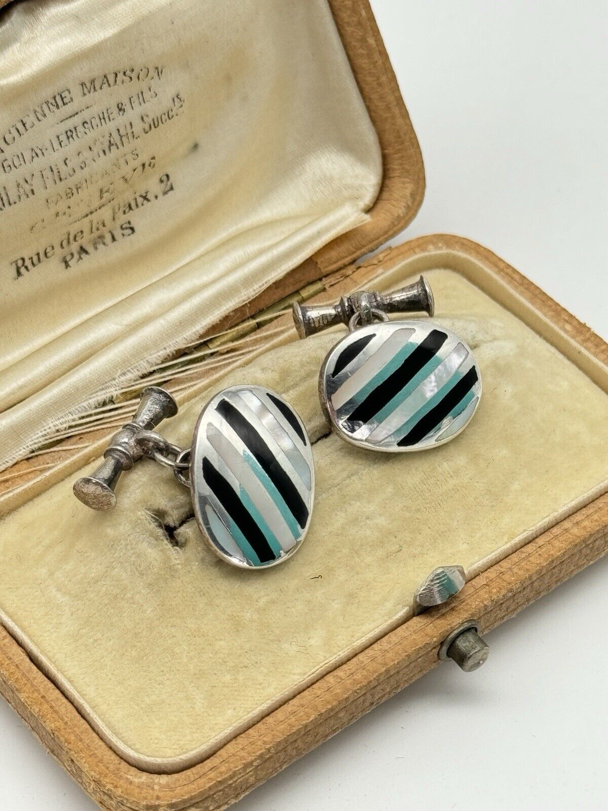 Vintage Sterling Onyx Mother Of Pearl Striped Cufflinks