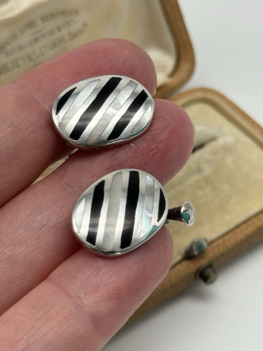 Vintage Sterling Onyx Mother Of Pearl Striped Cufflinks