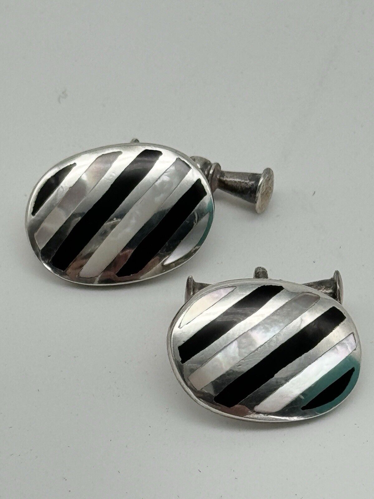 Vintage Sterling Onyx Mother Of Pearl Striped Cufflinks