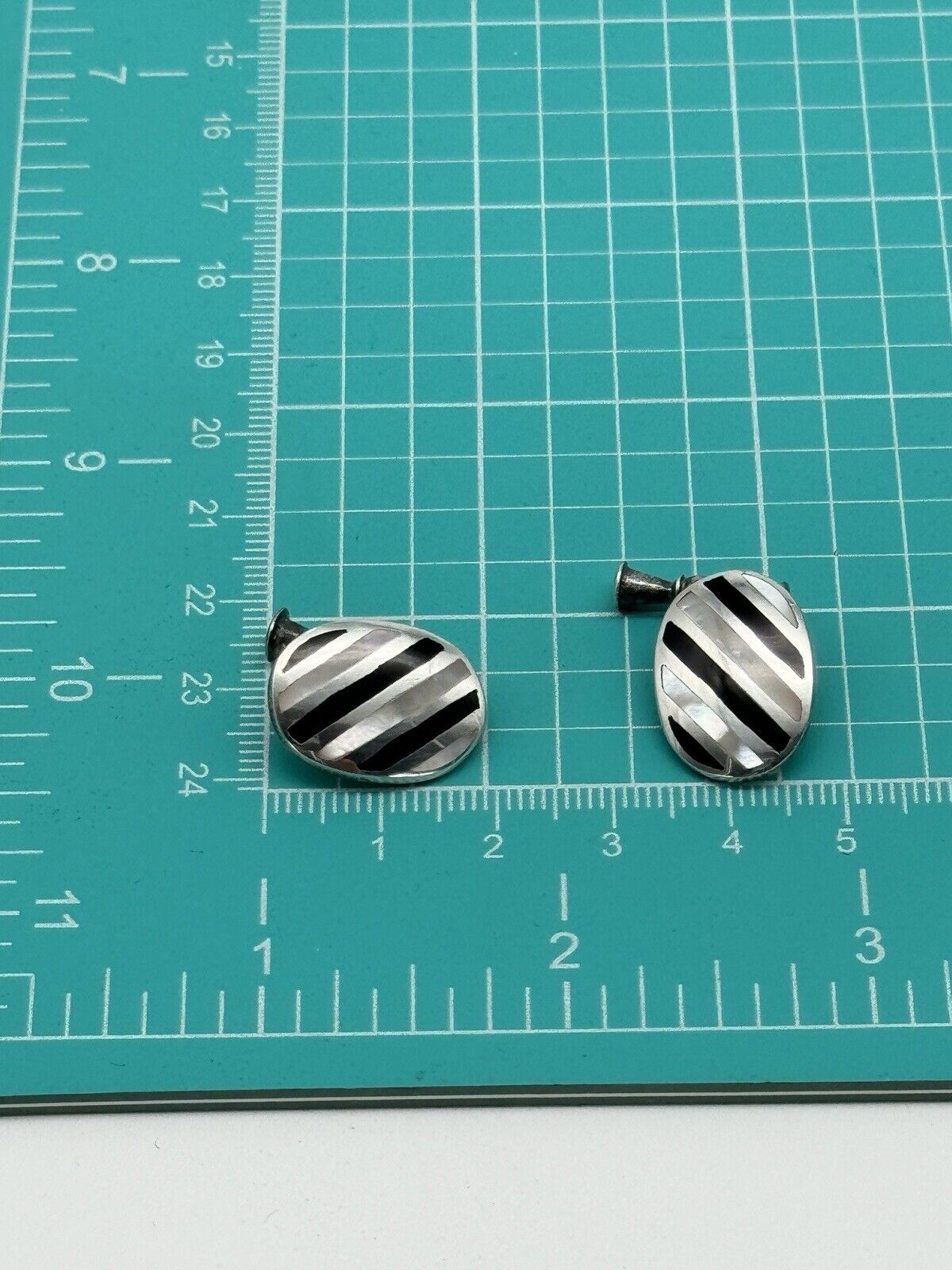 Vintage Sterling Onyx Mother Of Pearl Striped Cufflinks