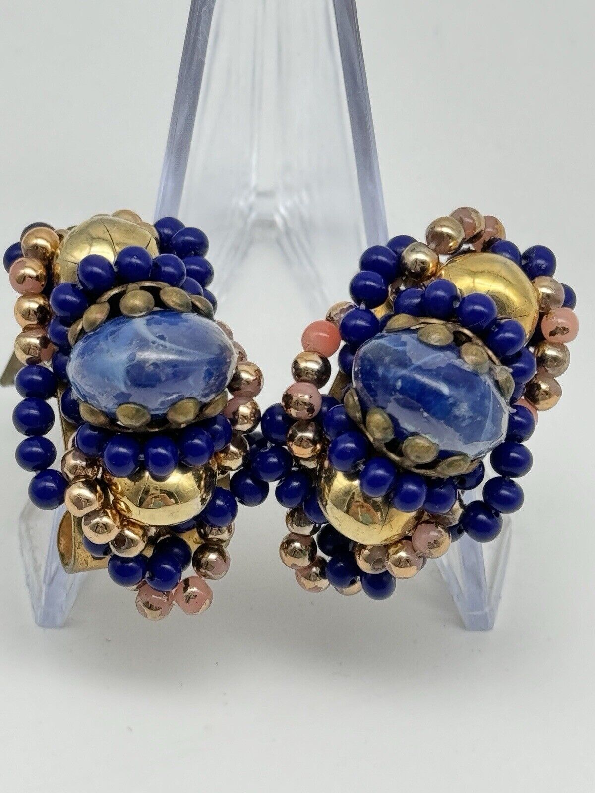 Vintage Royal Blue & Goldtone Bead Earrings Clip-on ESTATE FIND