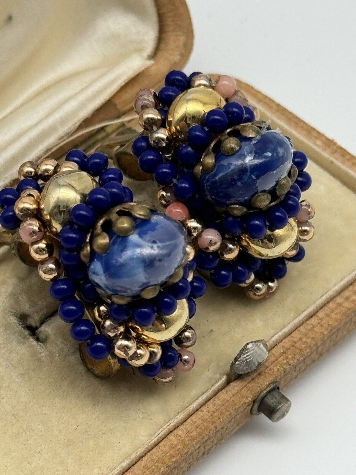 Vintage Royal Blue & Goldtone Bead Earrings Clip-on ESTATE FIND