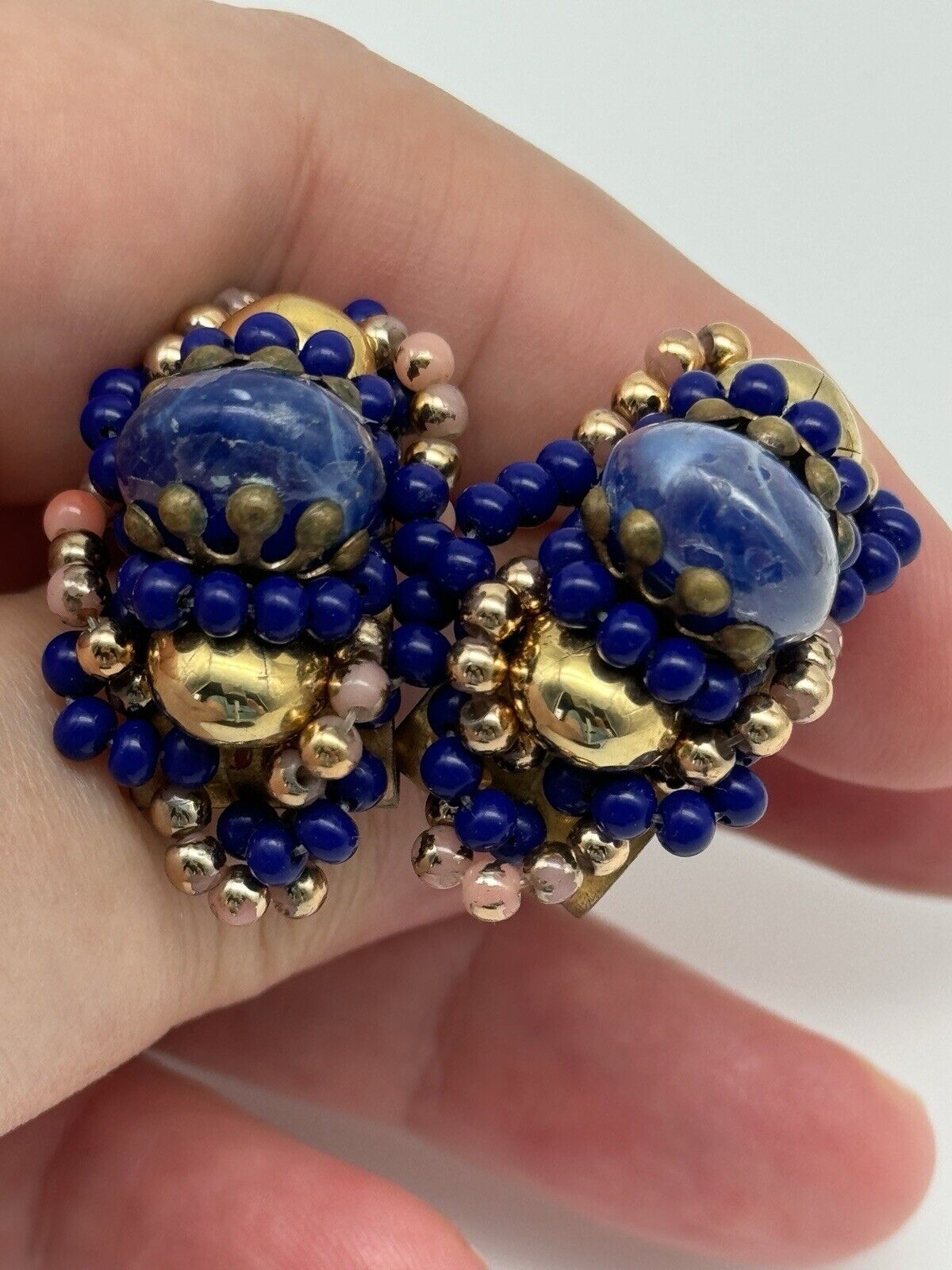 Vintage Royal Blue & Goldtone Bead Earrings Clip-on ESTATE FIND