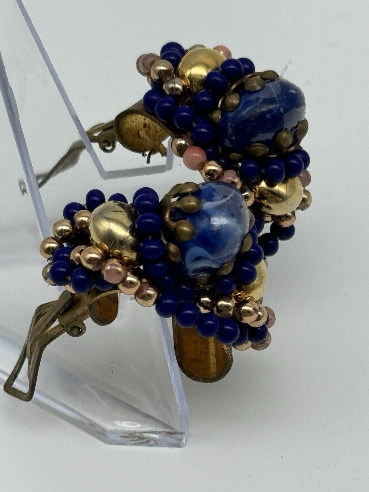 Vintage Royal Blue & Goldtone Bead Earrings Clip-on ESTATE FIND