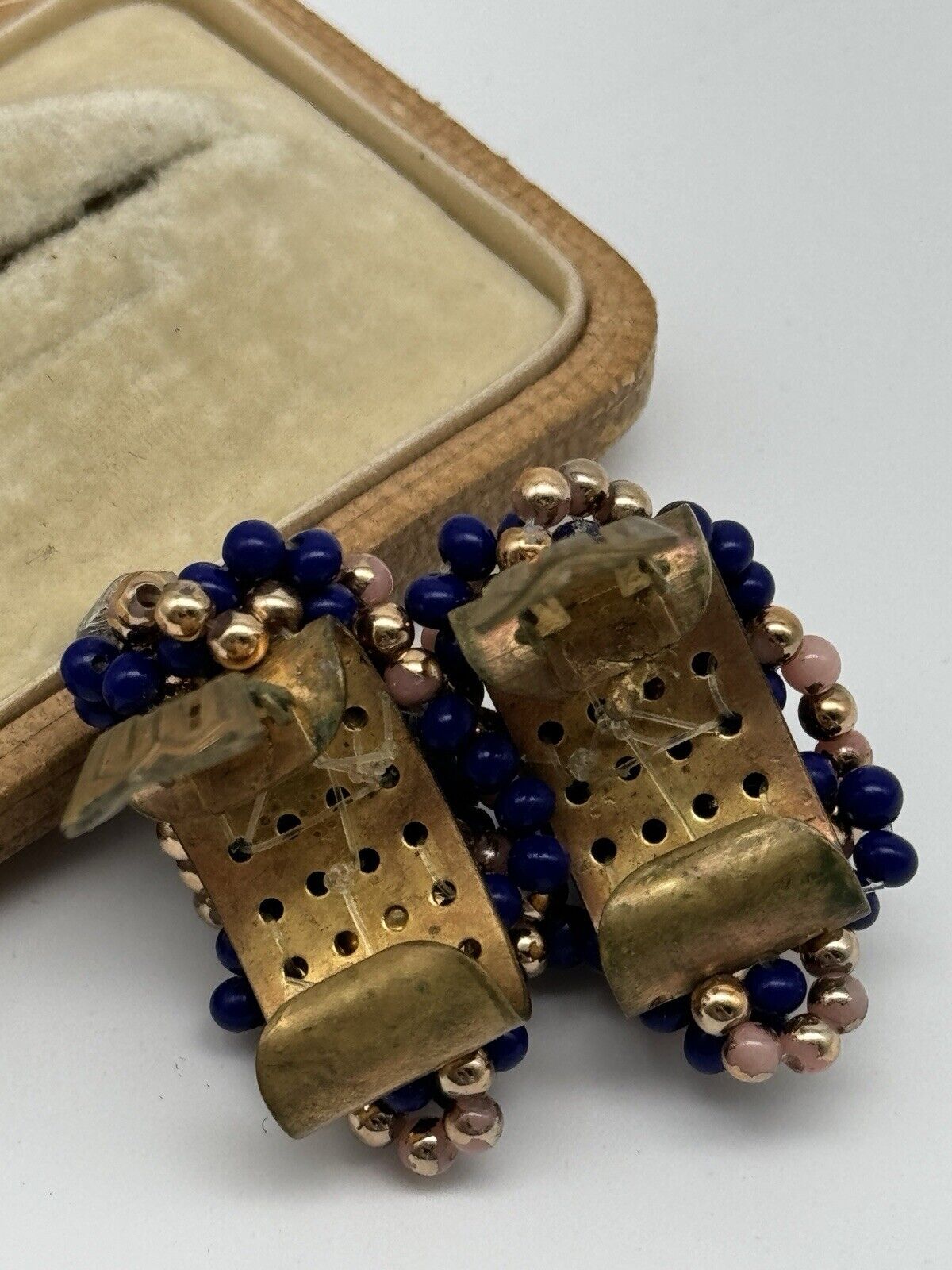 Vintage Royal Blue & Goldtone Bead Earrings Clip-on ESTATE FIND