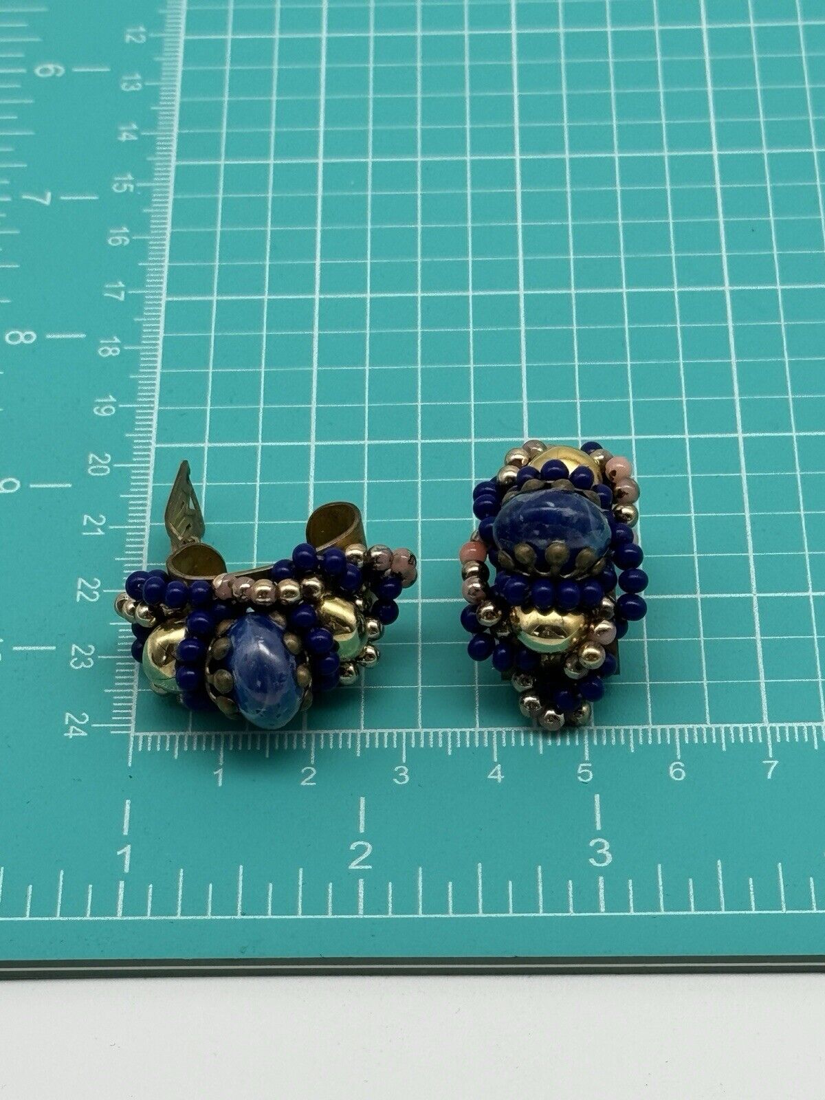 Vintage Royal Blue & Goldtone Bead Earrings Clip-on ESTATE FIND