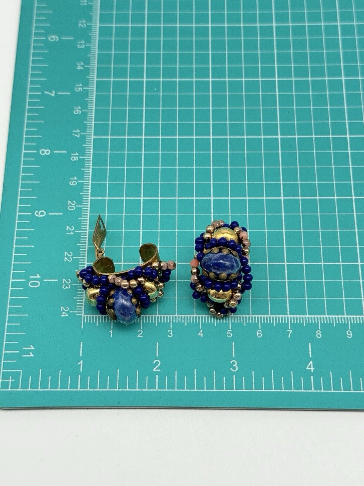 Vintage Royal Blue & Goldtone Bead Earrings Clip-on ESTATE FIND