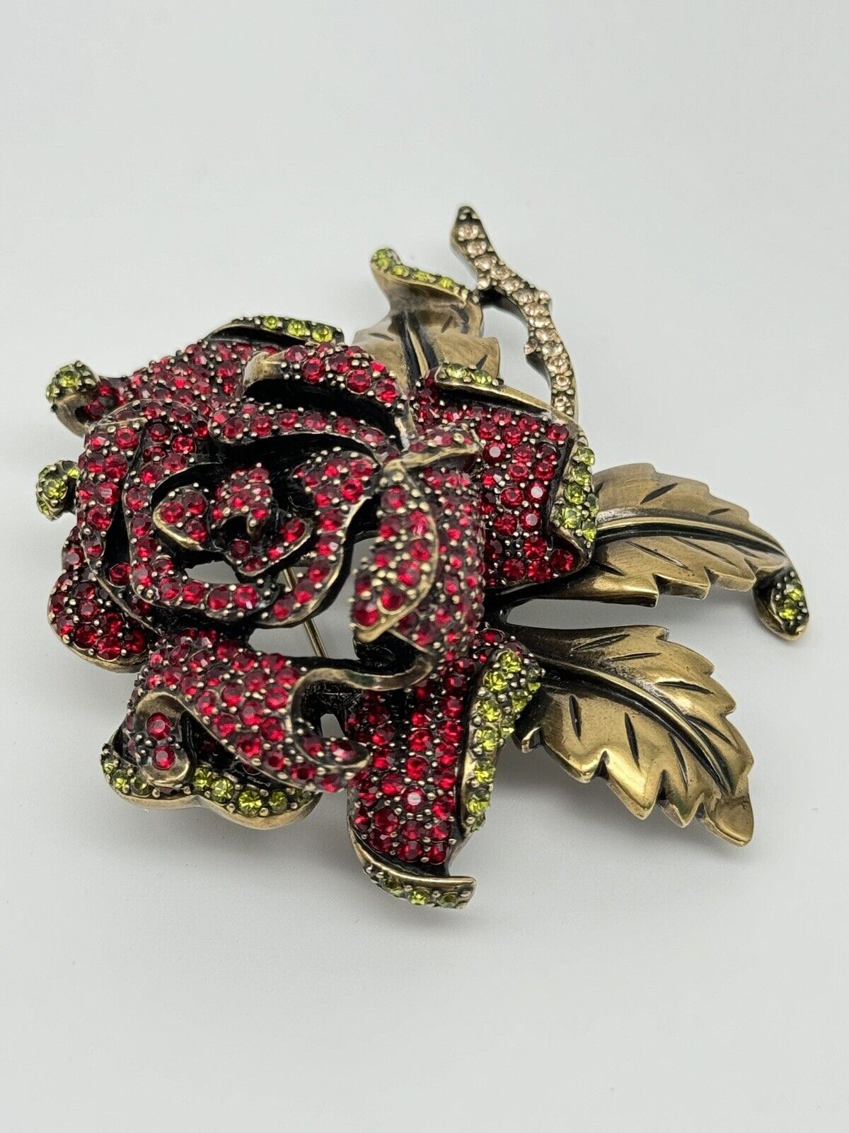 RARE LARGE Heidi Daus Brooch Red Tea Rose Flower Signed Goldtone