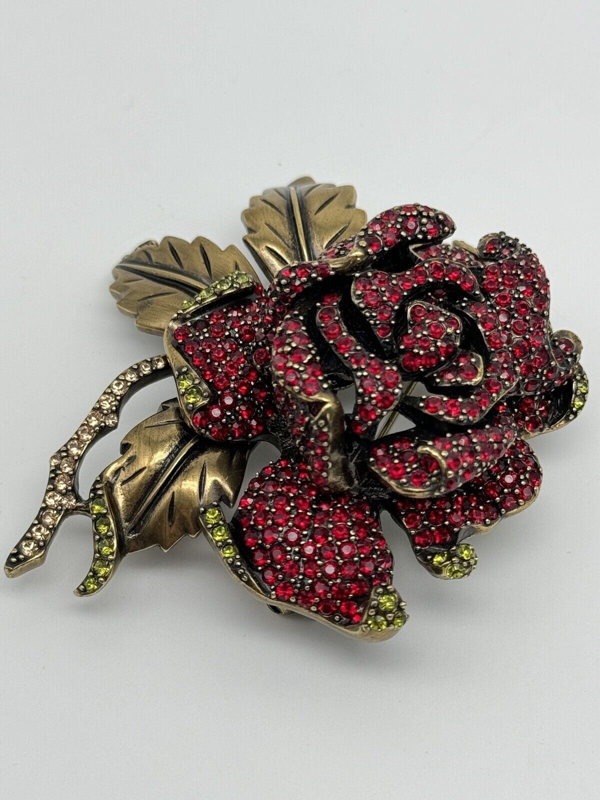 RARE LARGE Heidi Daus Brooch Red Tea Rose Flower Signed Goldtone