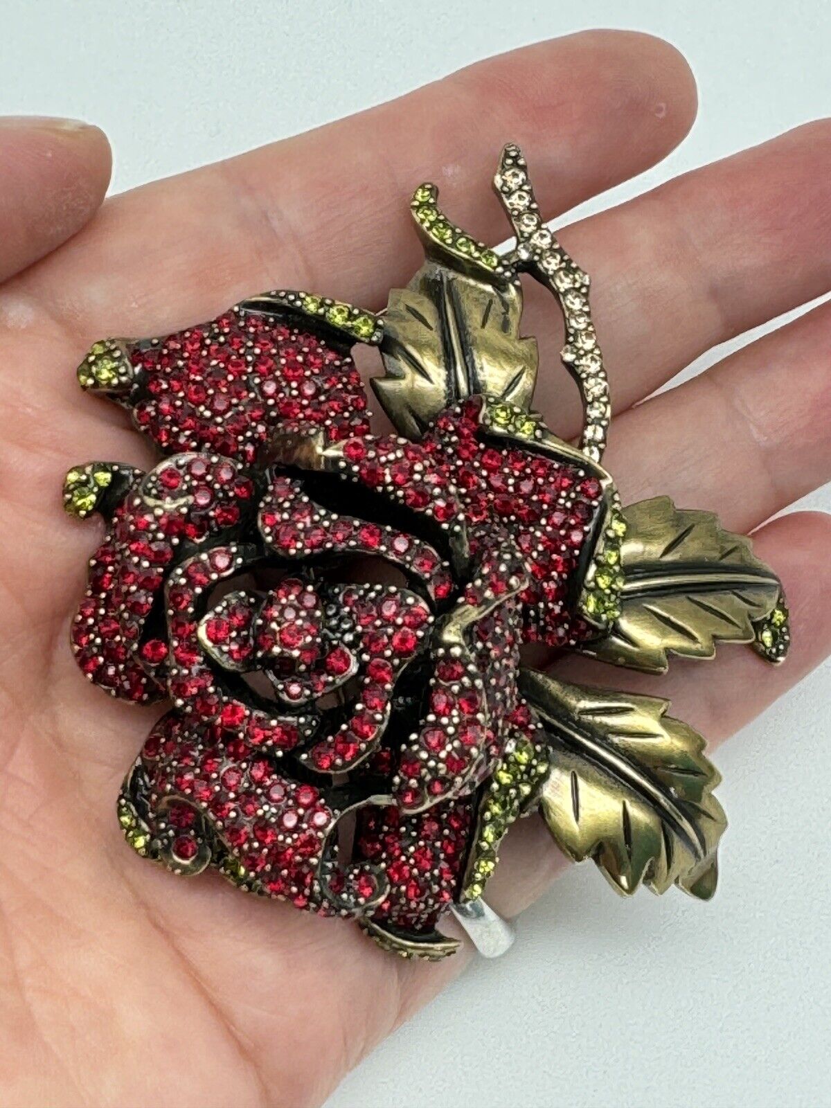 RARE LARGE Heidi Daus Brooch Red Tea Rose Flower Signed Goldtone