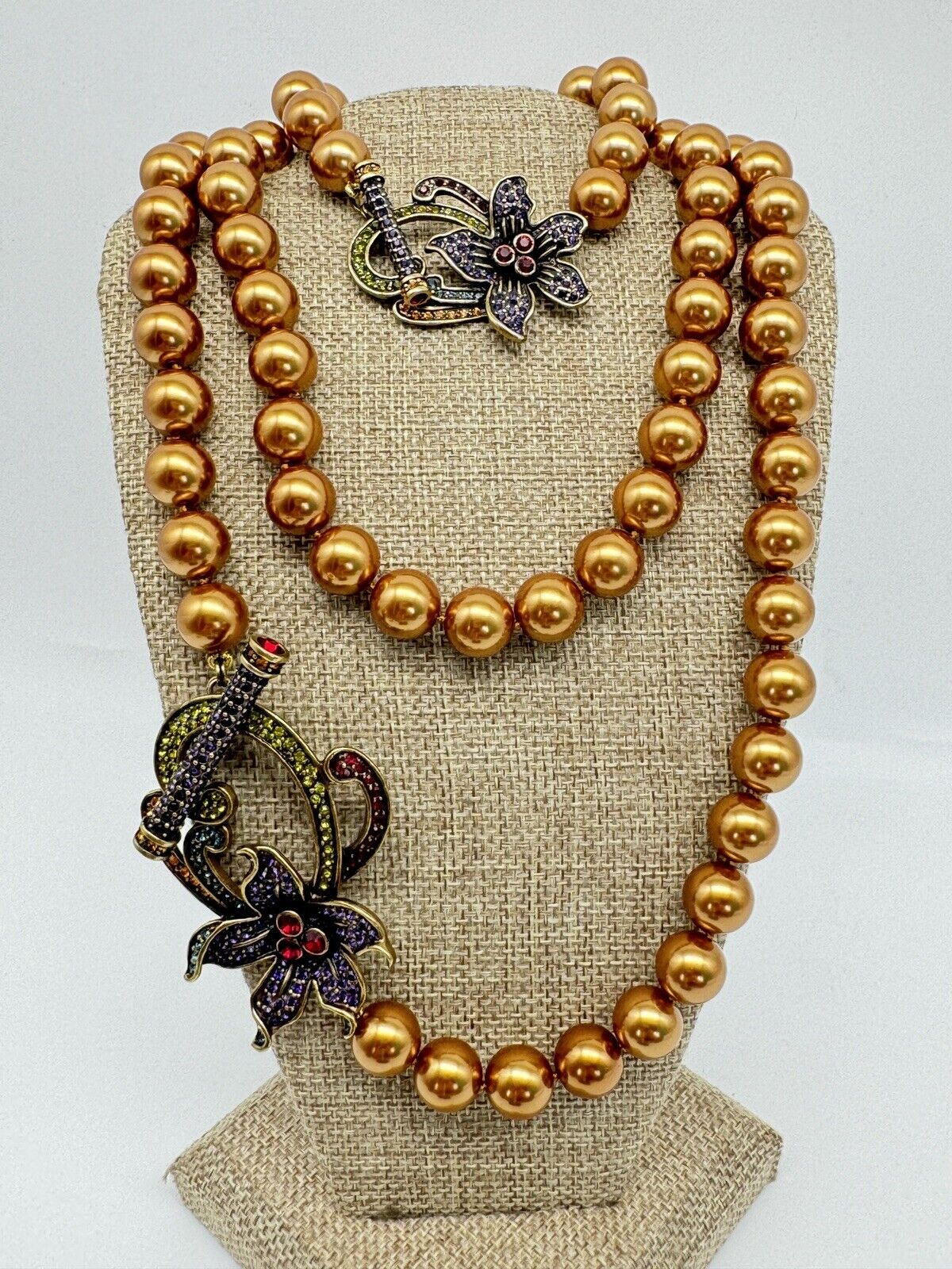 SIGNED HEIDI DAUS Flower Toggle Necklace & Bracelet Set Faux Pearl Rhinestone