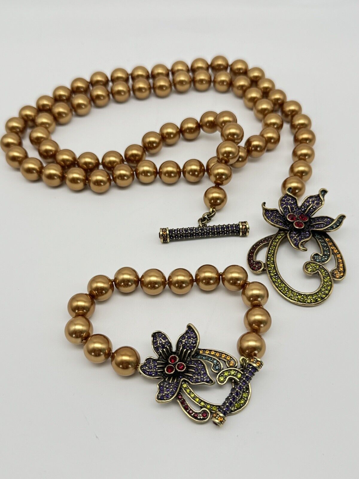 SIGNED HEIDI DAUS Flower Toggle Necklace & Bracelet Set Faux Pearl Rhinestone