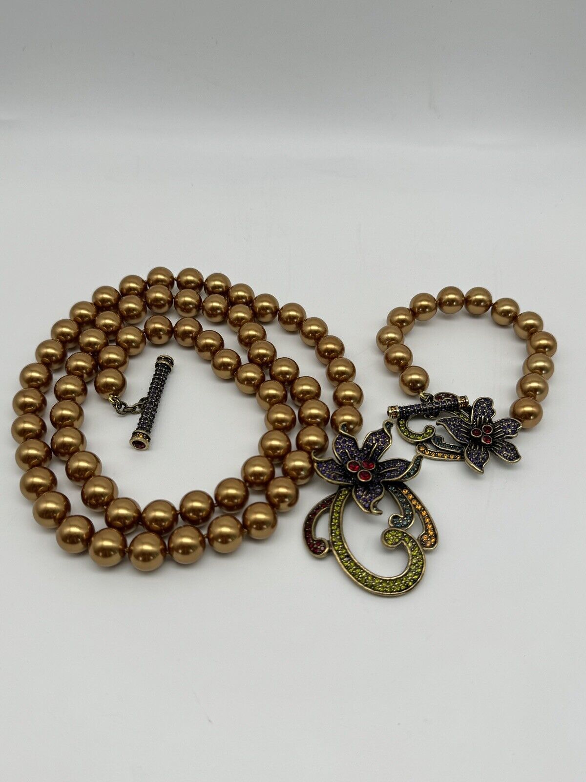 SIGNED HEIDI DAUS Flower Toggle Necklace & Bracelet Set Faux Pearl Rhinestone