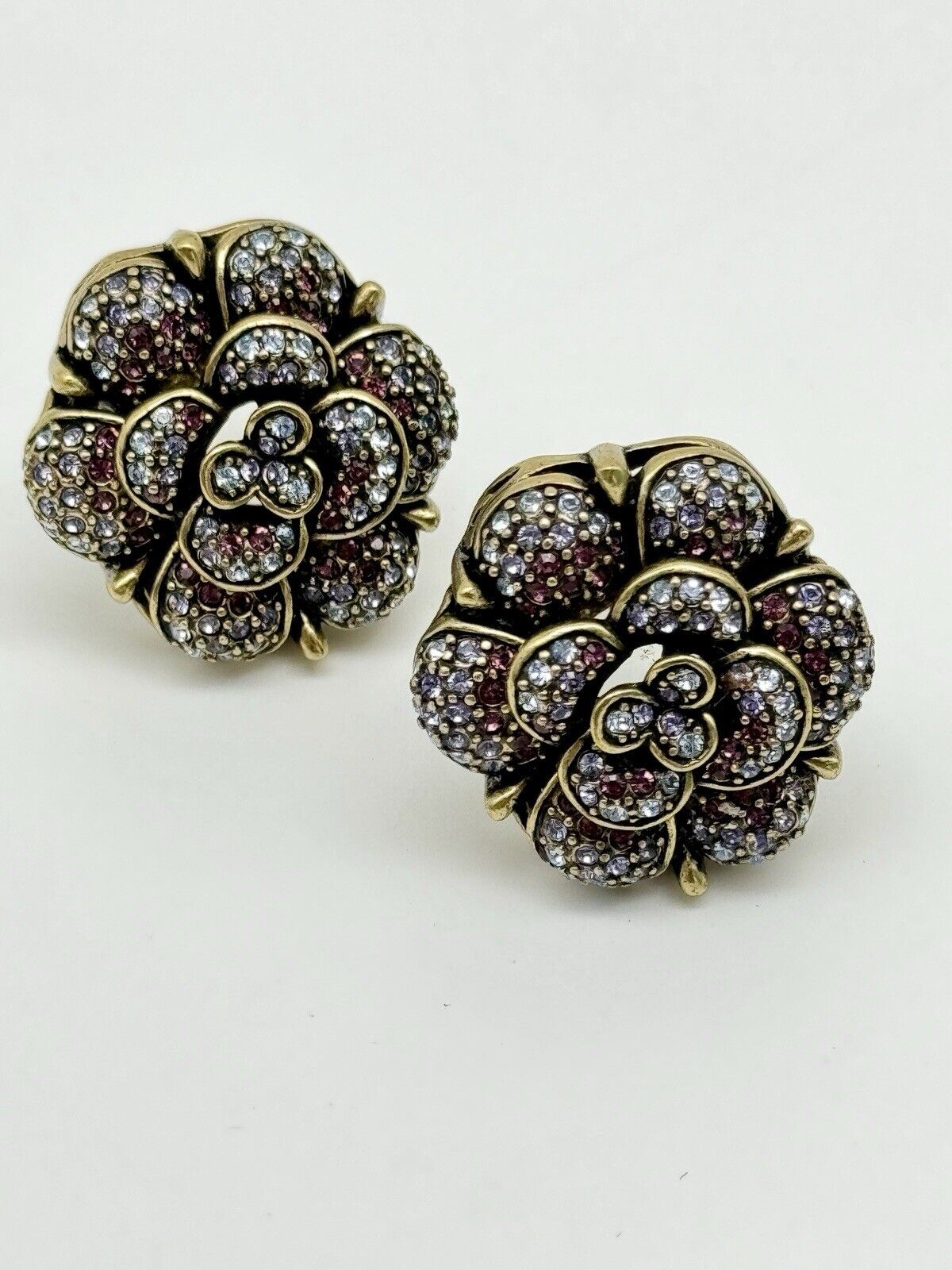 Heidi DAUS Signed Purple Rhinestone Encrusted Flower Earrings Clip-On